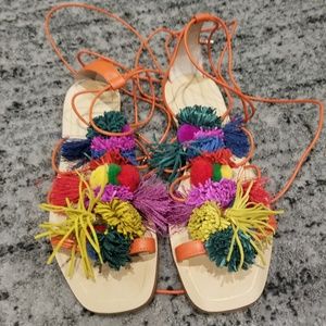 Zara Womens Tie Sandals with Fringe Size 40